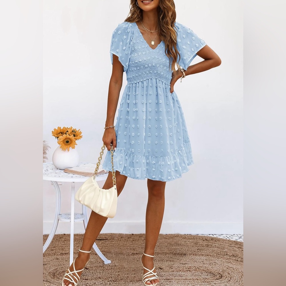 Women’s Square Neck, Puff Sleeve Mini Chiffon Swiss Dot Smocked Dress, Sz LG